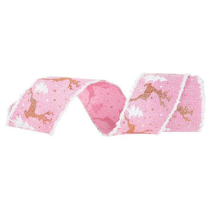 Wired Christmas Tree & Reindeer Hessian Burlap Ribbon Roll - Pink