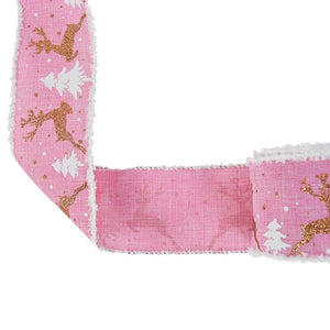 Wired Christmas Tree & Reindeer Hessian Burlap Ribbon Roll - Pink