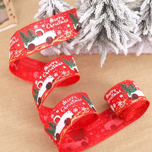 5cm x 5m Red Antique Christmas Truck & Tree Wired Ribbon Spool - Xmas Gift Wrapping Supplies