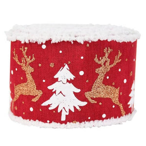 Wired Christmas Tree & Reindeer Hessian Burlap Ribbon Roll - Red