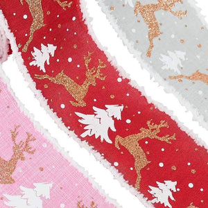 Wired Christmas Tree & Reindeer Hessian Burlap Ribbon Roll - Red