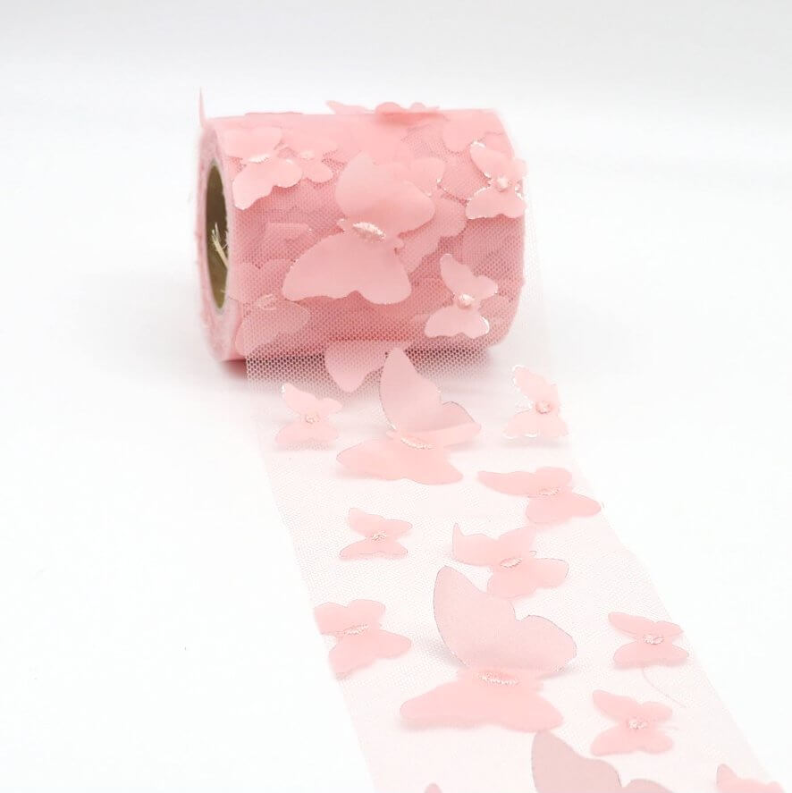 3D Butterfly Pattern Mesh Organza Ribbon Roll - Korean Pink