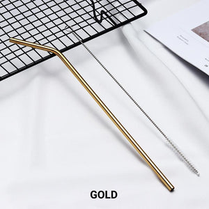 8 Pack Gold Stainless Steel Drinking Straws + Cleaning Brush & Natural Canvas Storage Pouch - Online Party Supplies