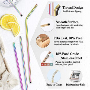 8 Pack Rose Gold Stainless Steel Drinking Straws + Cleaning Brush & Natural Canvas Storage Pouch - Online Party Supplies