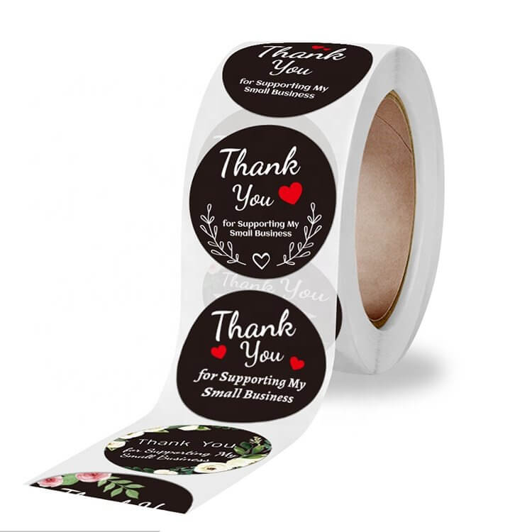 2.5cm Round Black Thank You For Supporting My Small Business White Print Sticker 9 Design 50 Pack - A194