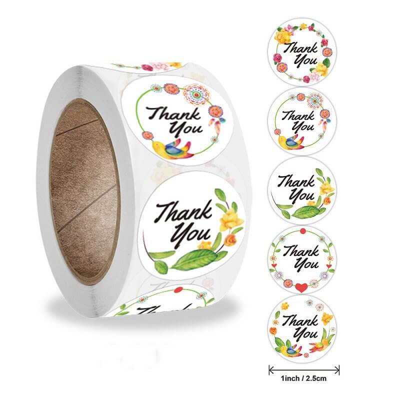 2.5cm Round Colourful Floral Wreath Thank You Sticker 50 Pack - A206