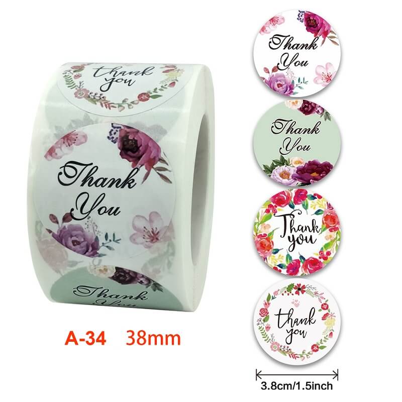 3.8cm Round Colourful Floral Wreath Thank You Sticker 50 Pack - A34