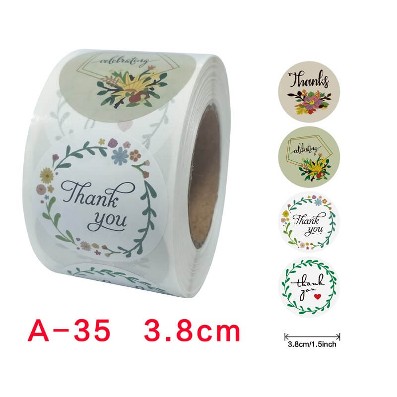 3.8cm Round Floral Thank You Sticker 5 Design 50 Pack - A35