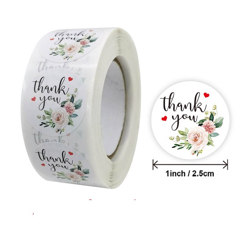2.5cm Heart Shaped Peony Wreath Thank You Sticker 50 Pack - A81
