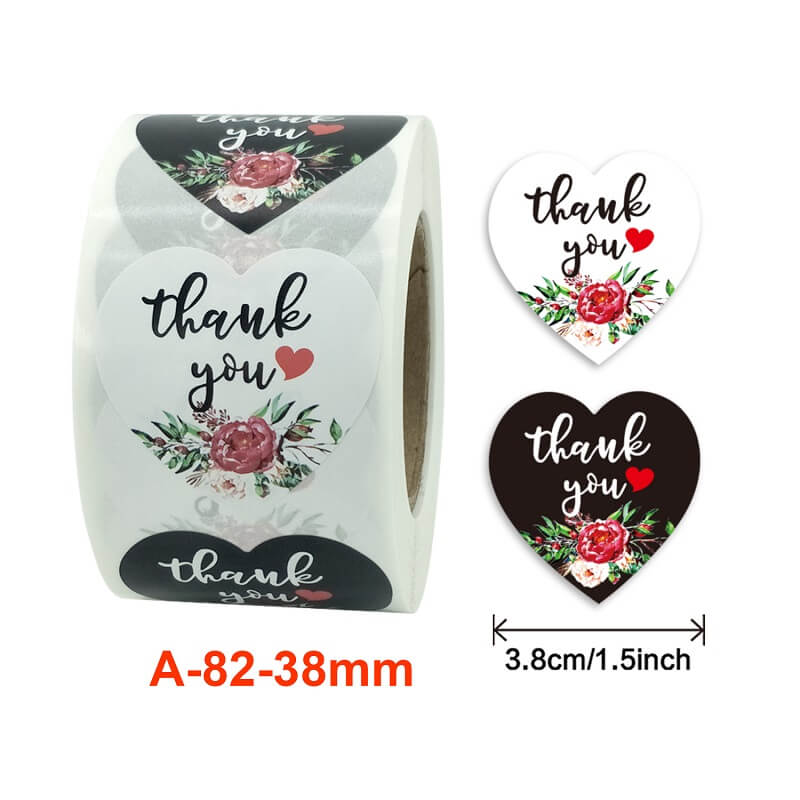 3.8cm Heart Shaped Peony Bouquet Thank You Sticker 50 Pack - A82