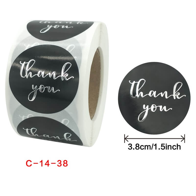 3.8cm Round Black Thank You Silver Print Sticker 50 Pack - C14-25