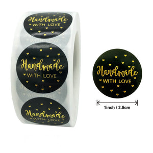 2.5cm Round Black Handmade With Love Gold Heart Sticker 50 Pack - C12