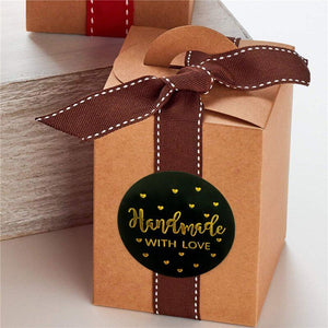 2.5cm Round Black Handmade With Love Gold Heart Sticker 50 Pack - C12
