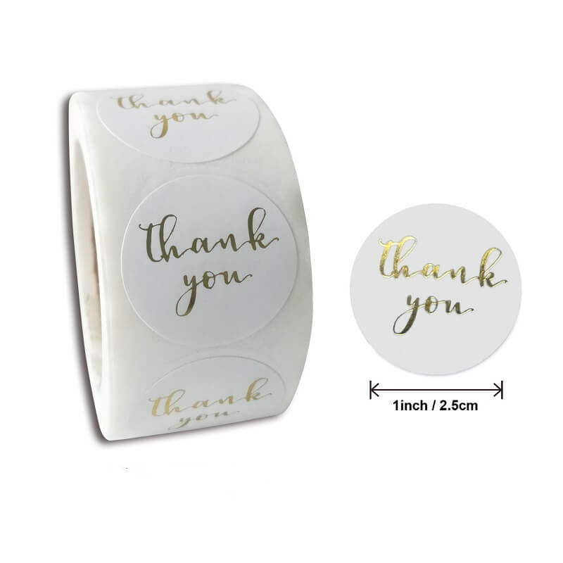 2.5cm Round White Thank You Gold Print Sticker 50 Pack - D02