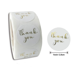 2.5cm Round White Thank You Gold Print Sticker 50 Pack - D02