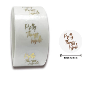 2.5cm Round Transparent Pretty Things Inside Gold Print Vinyl Sticker 50 Pack - E03