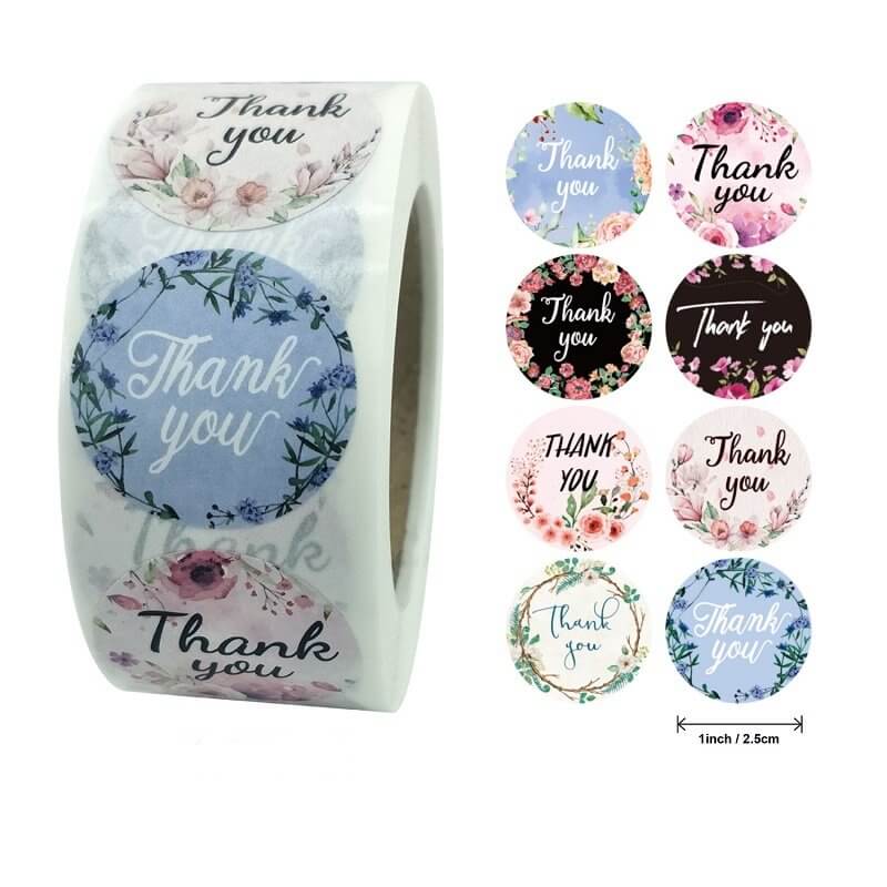 2.5cm Round Colourful Floral Wreath Thank You Sticker 50 Pack - K01-25