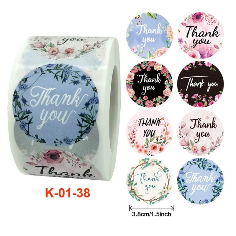 3.8cm Round Colourful Floral Wreath Thank You Sticker 50 Pack - K01-38