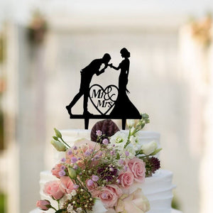 Silhouette Groom Kissing Bride's Hand Mr. and Mrs. Wedding Cake Topper