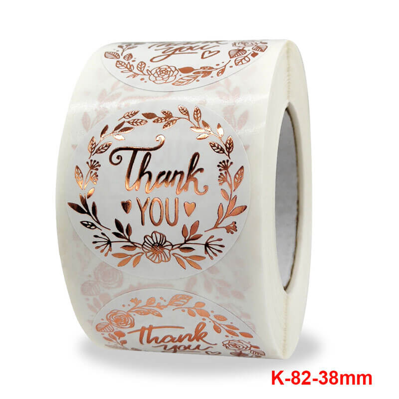 3.8cm Round White Thank You Floral Wreath Rose Gold Print Sticker 50 Pack - K82-38