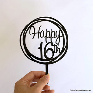 Acrylic Black Geometric Circle Happy 16th Cake Topper