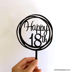 Online Party Supplies Australia Acrylic Black Mirror Geometric Circle Happy 18th Cake Topper