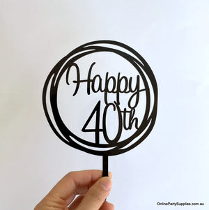 Online Party Supplies Australia Acrylic Black Mirror Geometric Circle Happy 40th Cake Topper