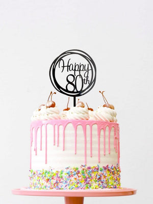 Acrylic Black Geometric Circle 'Happy 80th' Cake Topper