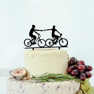 Black Acrylic Two Males On Bikes Holding Hand Cake Topper