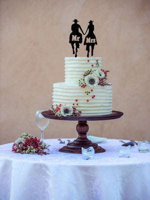 Black Acrylic Mr & Mrs Cowboy Cowgirl Holding Hand Horse Riding Cake Topper - Country Western Wedding Cake Decorations