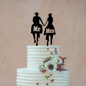 Black Acrylic Mr & Mrs Cowboy Cowgirl Holding Hand Horse Riding Cake Topper - Country Western Wedding Cake Decorations