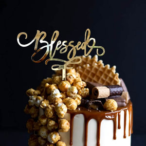 Acrylic Gold Mirror Blessed Cake Topper - Christening / Baptism / Baby Shower Cake Decorations