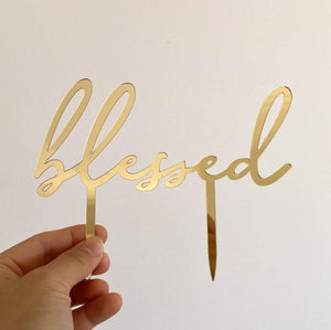 Acrylic Gold Mirror Blessed Cake Topper - Christening / Baptism / Baby Shower Cake Decorations