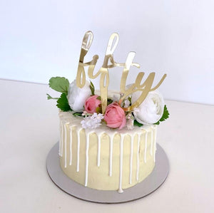 Gold Mirror Acrylic 'Fifty' Script Cake Topper - 50th Birthday Party or Wedding Anniversary Cake Decorations