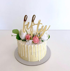 Gold Mirror Acrylic 'Fifty' Script Cake Topper - 50th Birthday Party or Wedding Anniversary Cake Decorations