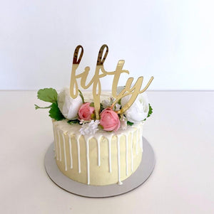 Gold Mirror Acrylic 'Fifty' Script Cake Topper - 50th Birthday Party or Wedding Anniversary Cake Decorations