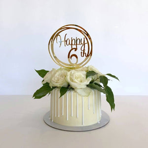 Acrylic Gold Mirror Happy 6th Birthday Geometric Circle Cake Topper