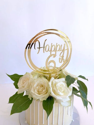 Acrylic Gold Mirror Happy 6th Birthday Geometric Circle Cake Topper