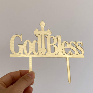 Acrylic Gold Mirror God Blessed Cross Cake Topper - Christening / Baptism / Baby Shower Cake Decorations