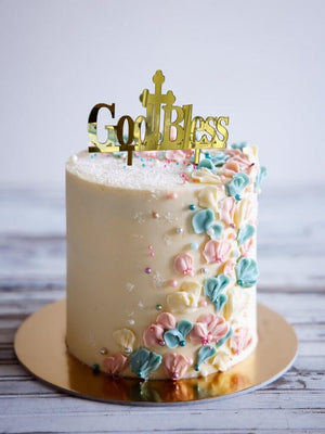 Acrylic Gold Mirror God Blessed Cross Cake Topper - Christening / Baptism / Baby Shower Cake Decorations