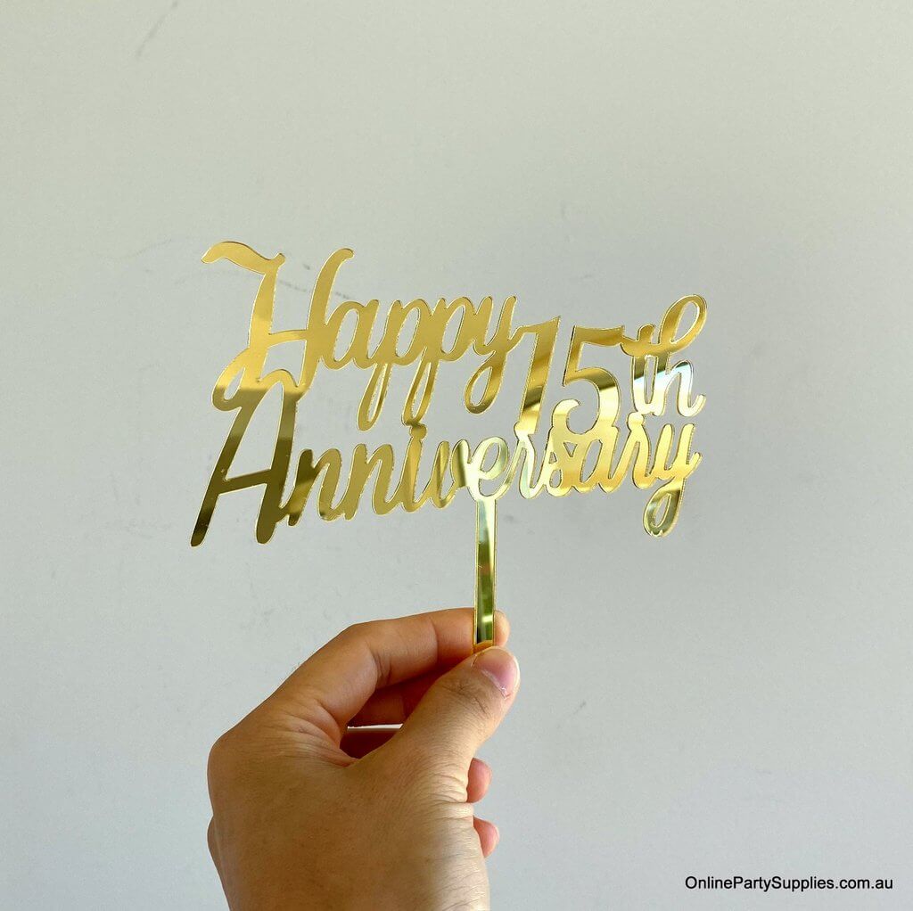 Online Party Supplies Australia Gold Mirror Acrylic 'Happy 15th Anniversary' Wedding Cake Topper
