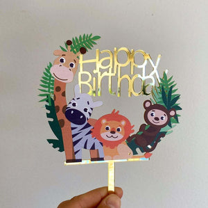 Acrylic Gold Mirror Happy Birthday Jungle Animal Safari Cake Topper