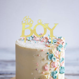 Gold Mirror Acrylic IT'S A BOY baby shower gender reaveal Cake Topper