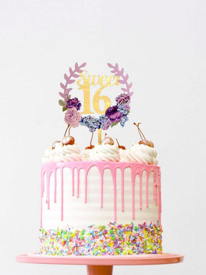 Online Party Supplies Australia gold mirror sweet 16 floral wreath birthday cake topper