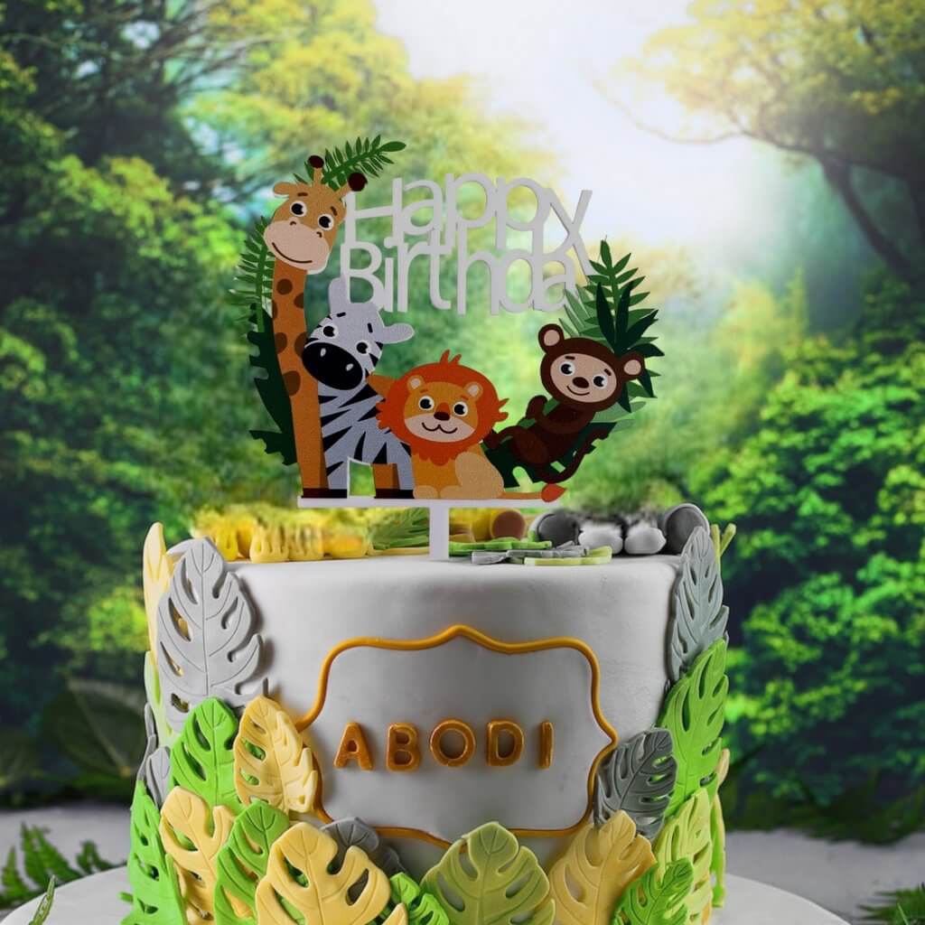 Acrylic 'Happy Birthday' Jungle Animal Safari Cake Topper - White