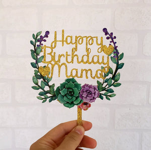 Acrylic 'Happy Birthday Mama' Flower Wreath Cake Topper - Gold Glitter - Online Party Supplies