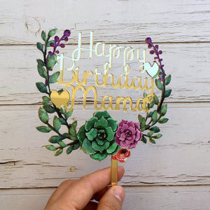 Acrylic 'Happy Birthday Mama' Flower Wreath Cake Topper - Gold Mirror - Online Party Supplies