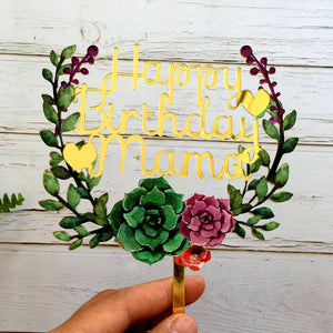 Acrylic 'Happy Birthday Mama' Flower Wreath Cake Topper - Gold Mirror - Online Party Supplies