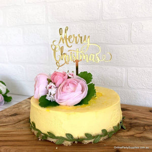 Gold Mirror Acrylic 'Merry Christmas' Cake Topper Xmas Cake Decorations
