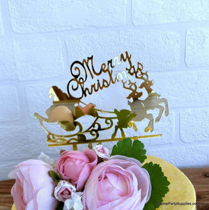 Gold Mirror Acrylic 'Merry Christmas' Santa riding his Sleigh Cake Topper Xmas Party Decorations